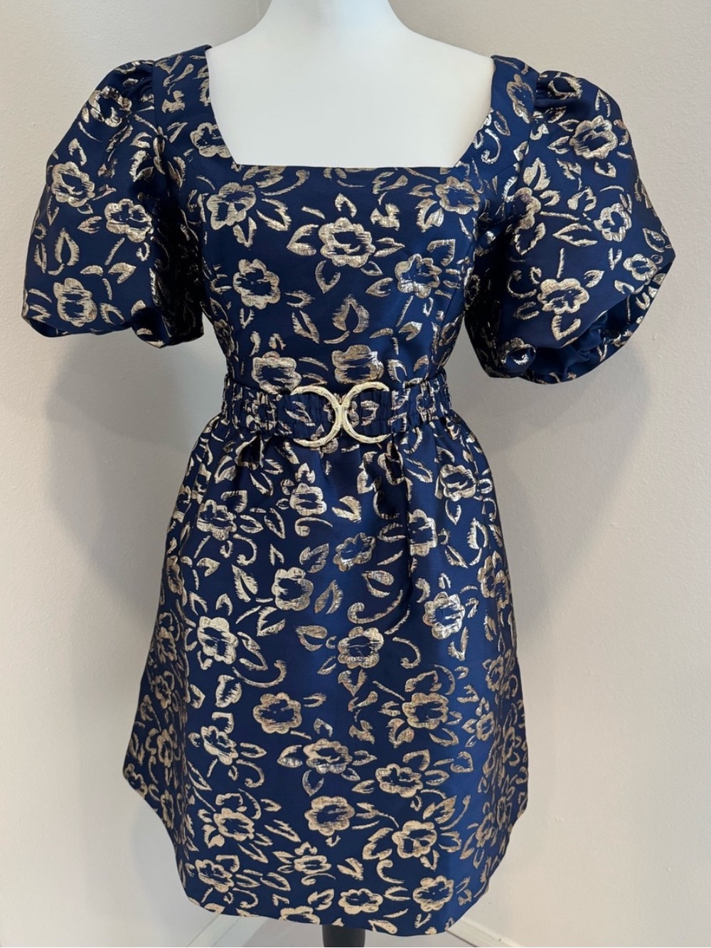 Lilly Pulitzer Navy and Gold Floral Puff Sleeve Dress with Belt